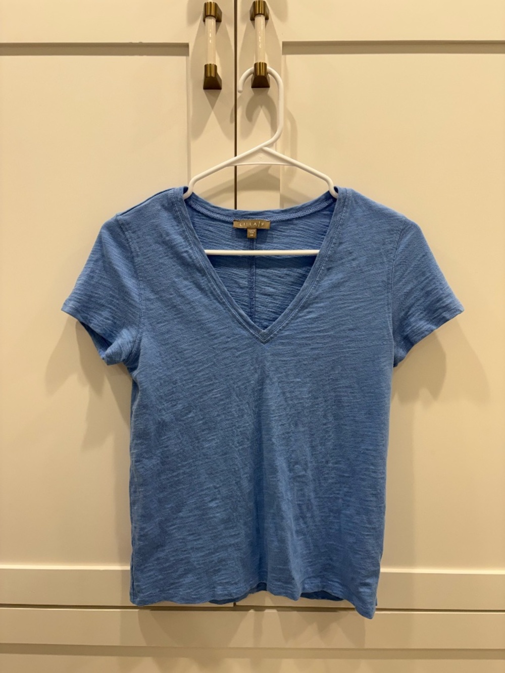 Lilla P Blue Slub Cotton V Neck Tee Minimalist Basic